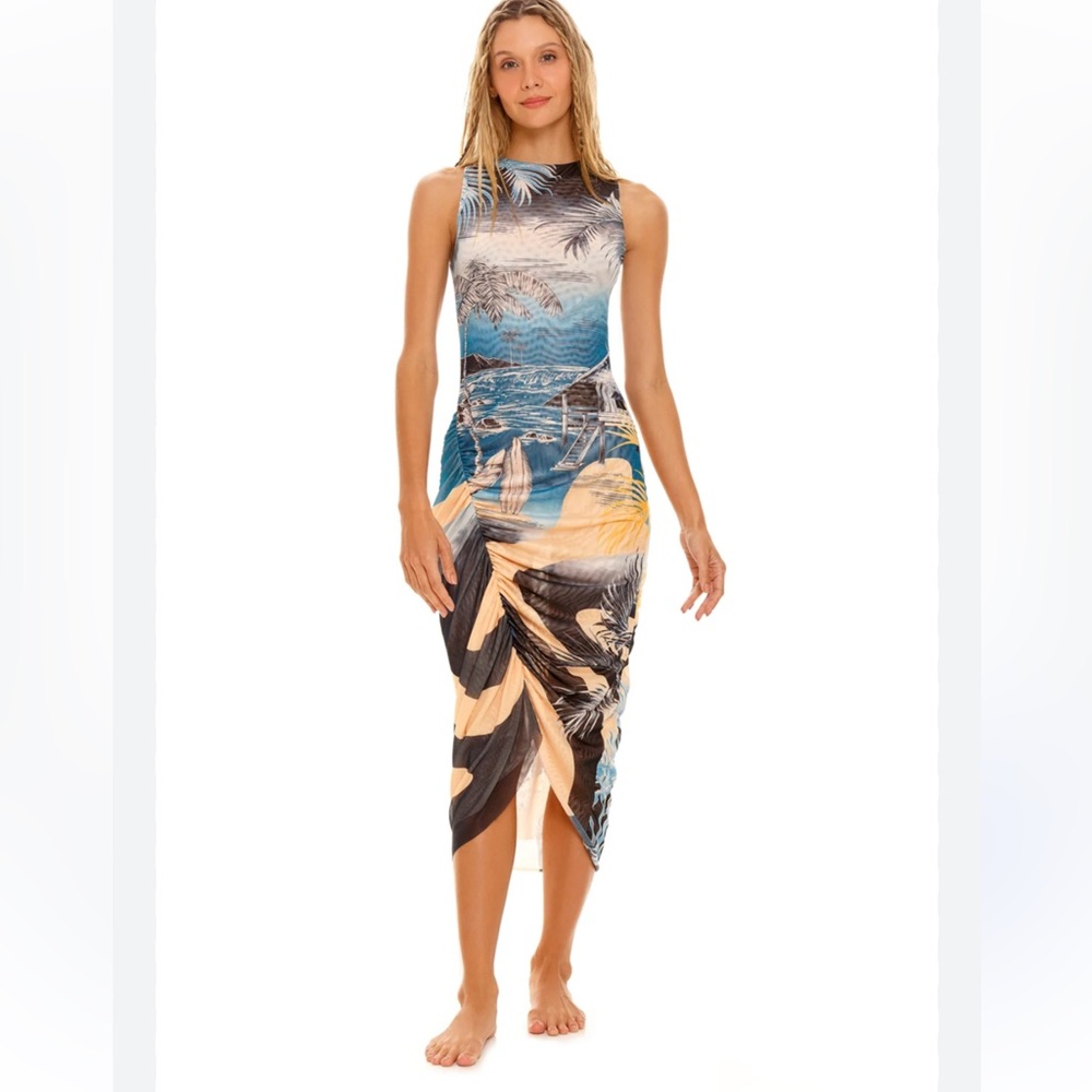 Agua Bendita Blue and Tan Midi Dress
